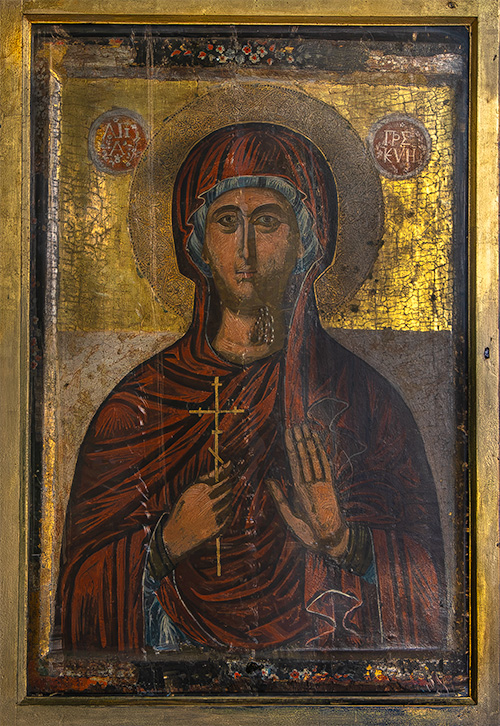 Sacred Orthodox icon of Saint Kyriaki holding a martyr's cross at the Ecumenical Patriarchate